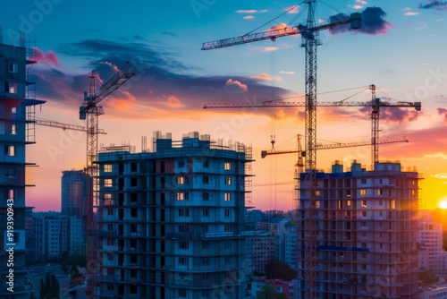 Sprawling urban construction site with cranes during sunset. The scene shows ongoing development in a city setting. Perfect for real estate and construction projects. Generative AI photo