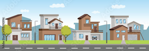 Street in the city. Real estate illustration. Modern house landscape vector illustration. Suburban landscape. Suburban house illustration. Real estate vector art. Suburban area vector.