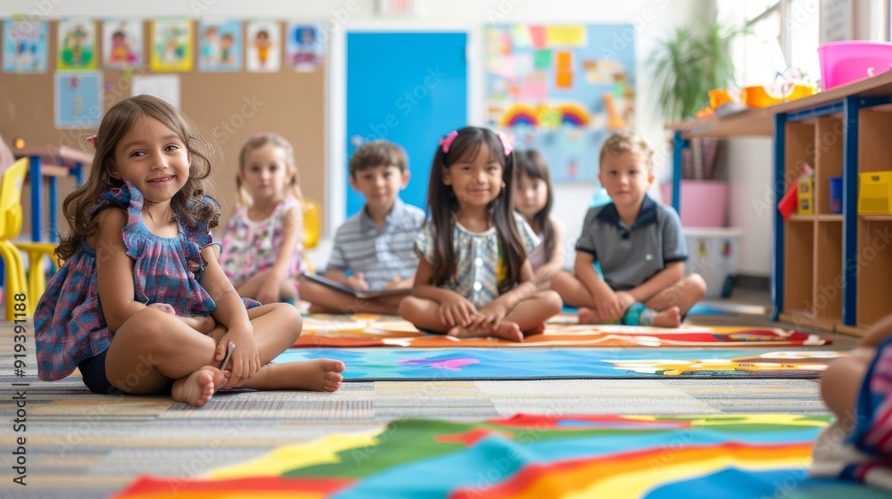 Kindergartners sitting happily on carpet in classroom
