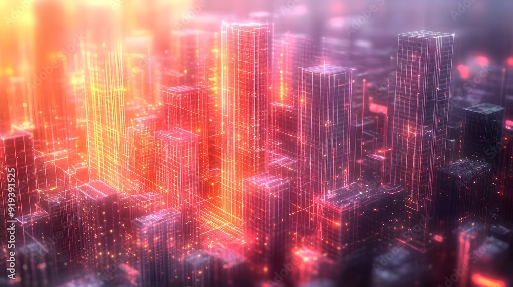 Obraz premium Digital Cityscape with Luminous Skyscrapers and Data Streams, Symbolizing Technological Integration in Urban Life
