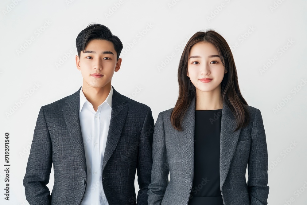 Photo of two young Asian business people on white background with generative ai Photo of two young Asian business people on white background with generative ai