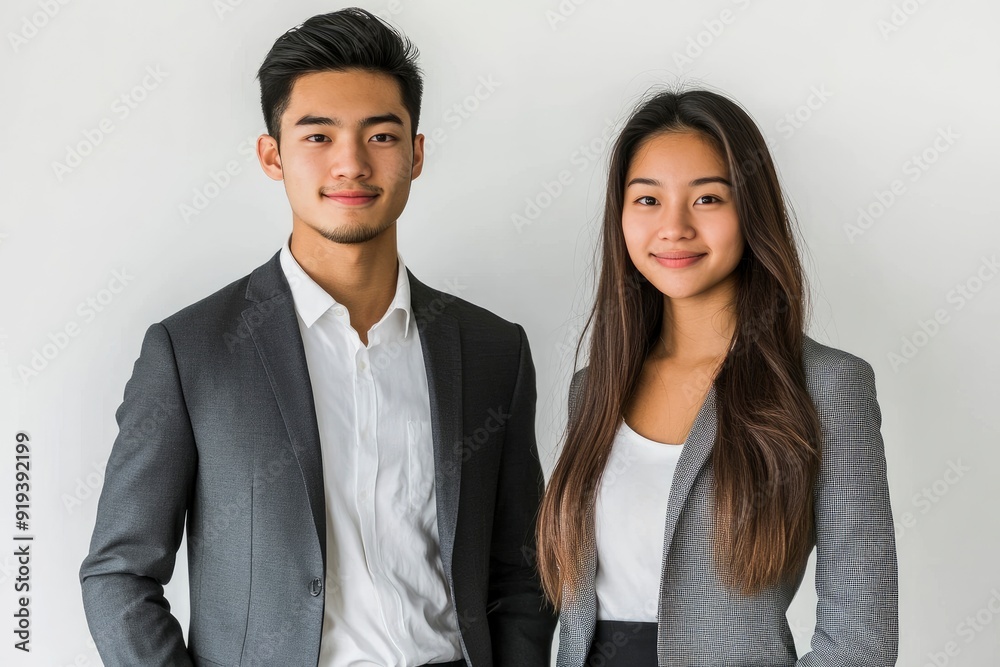 Photo of two young Asian business people on white background with generative ai Photo of two young Asian business people on white background with generative ai