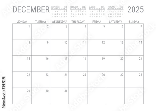 December Calendar 2025 Monthly Planner Printable A4 Monday Start	