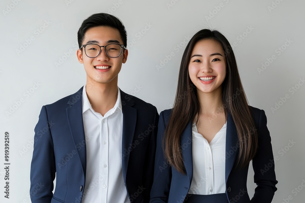 Photo of two young Asian business people on white background with generative ai Photo of two young Asian business people on white background with generative ai
