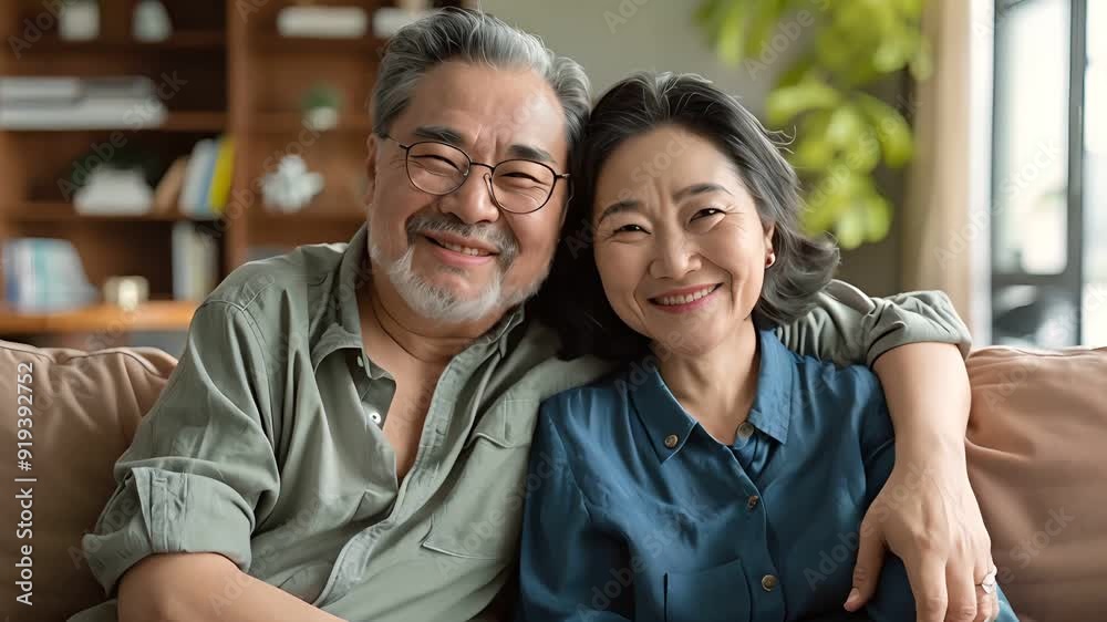 A happy senior couple sitting on a couch, smiling and looking at the camera. They are enjoying their time together.
