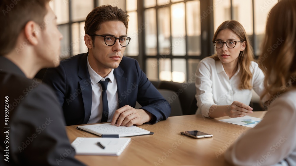 Business meeting in a modern office, professionals discussing strategy, wearing formal attire, teamwork and collaboration concept. Business meeting in a modern office, professionals discussing strategy, wearing formal attire, teamwork and collaboration concept.
