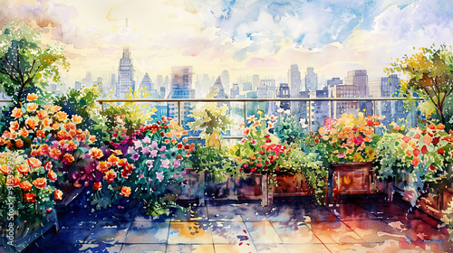 Realistic watercolor of a rooftop garden, colorful blooms, urban skyline, bright morning light ,Ultra-High Detail, Ultra-Realistic