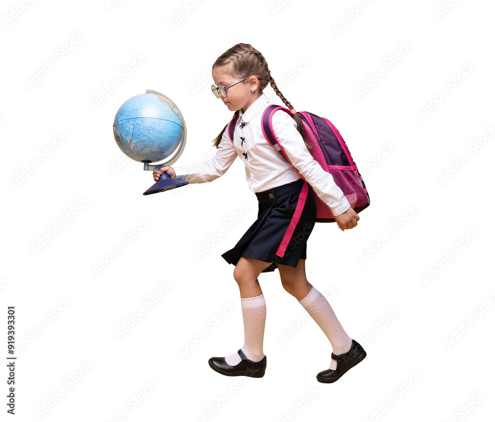 a little girl in school uniform holds a globe in her hands on a yellow background. a little girl in school uniform holds a globe in her hands on a yellow background.