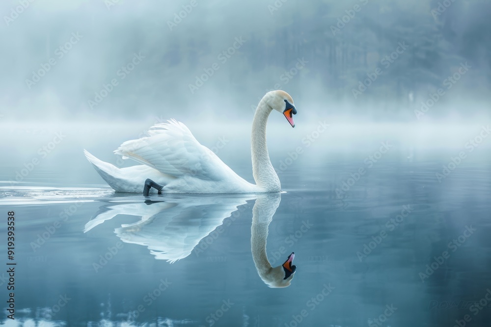Fototapeta premium swan glides gracefully across a calm lake, reflecting its elegance in the still waters. The tranquil scene, with hints of autumn foliage, captures the serene beauty of nature.
