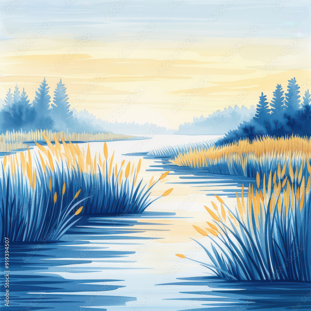Obraz premium Ghostly marsh, misty waters and haunting silhouettes, eerie and tranquil, Blue and Yellow tones