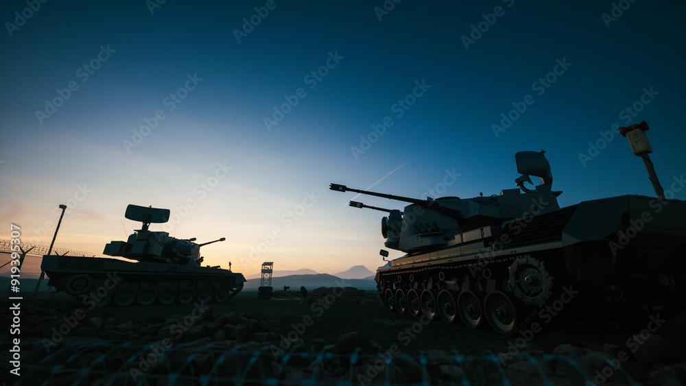 Fototapeta premium Air defense system at sunset. Mobile air defence with radar. Gepard PRTL
