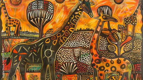 Girrafes - giraffe, art, painting, wildlife, Africa, orange, sunset, pattern, abstract, trees, animals, nature, colorful, jungle, tall, decorative, artistic, exotic photo