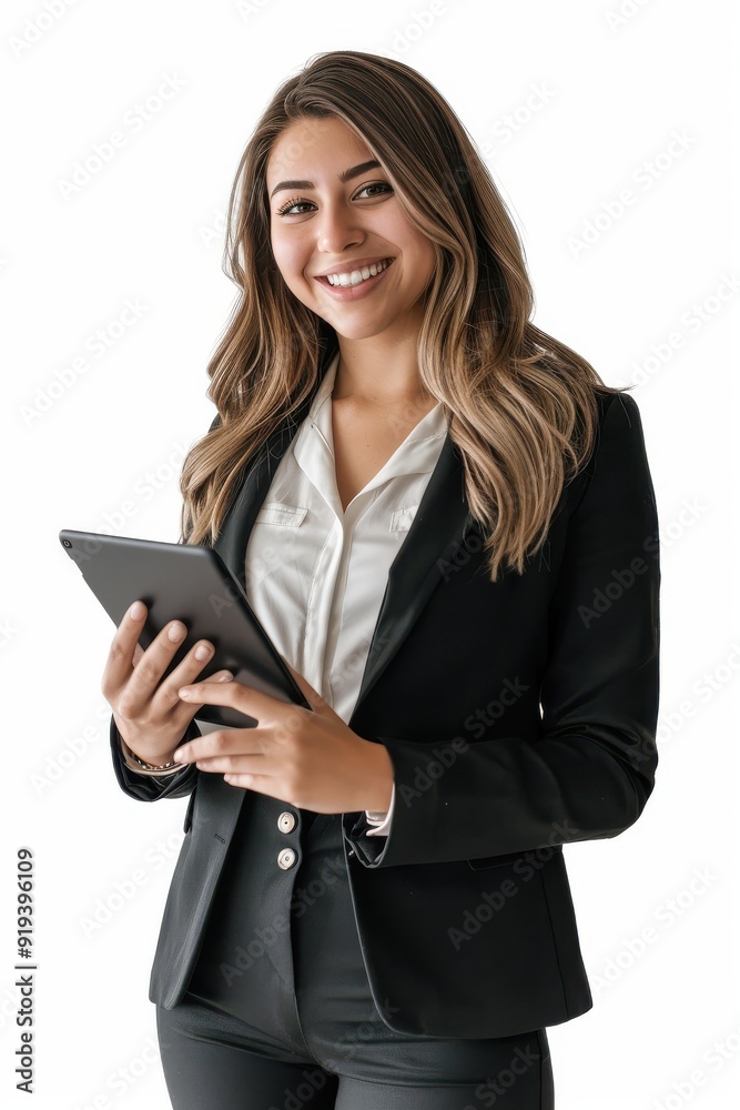 Businesswoman in black suit with straight brown hair smiling, holding an iPad, white background. Businesswoman in black suit with straight brown hair smiling, holding an iPad, white background.