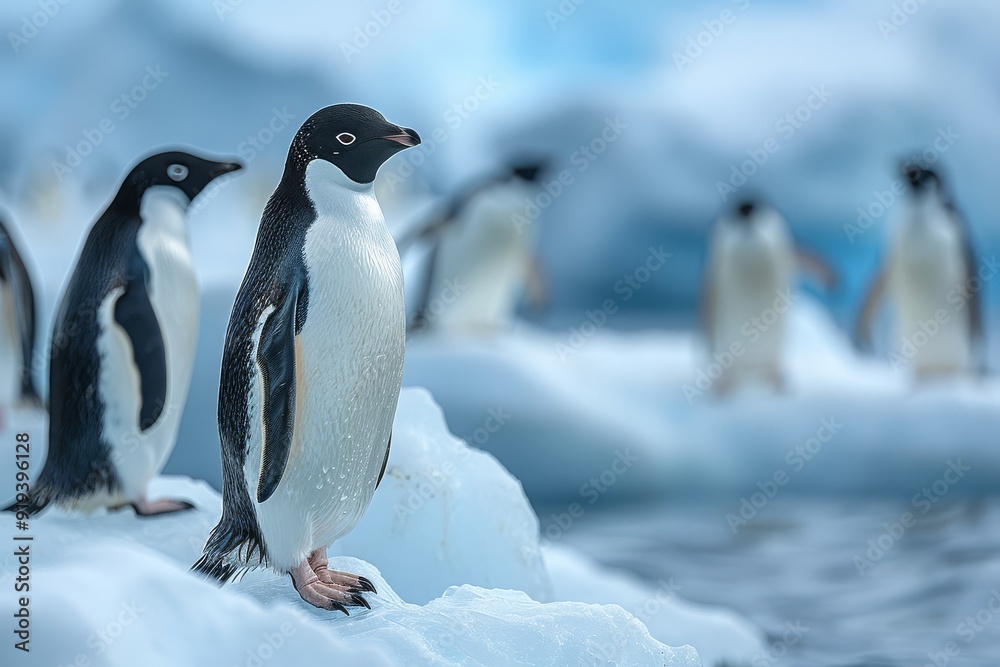 Obraz premium Group of Adelie penguins standing on an ice floe in the Southern Ocean with distant glaciers and blue water, typical of Antarctic marine life.