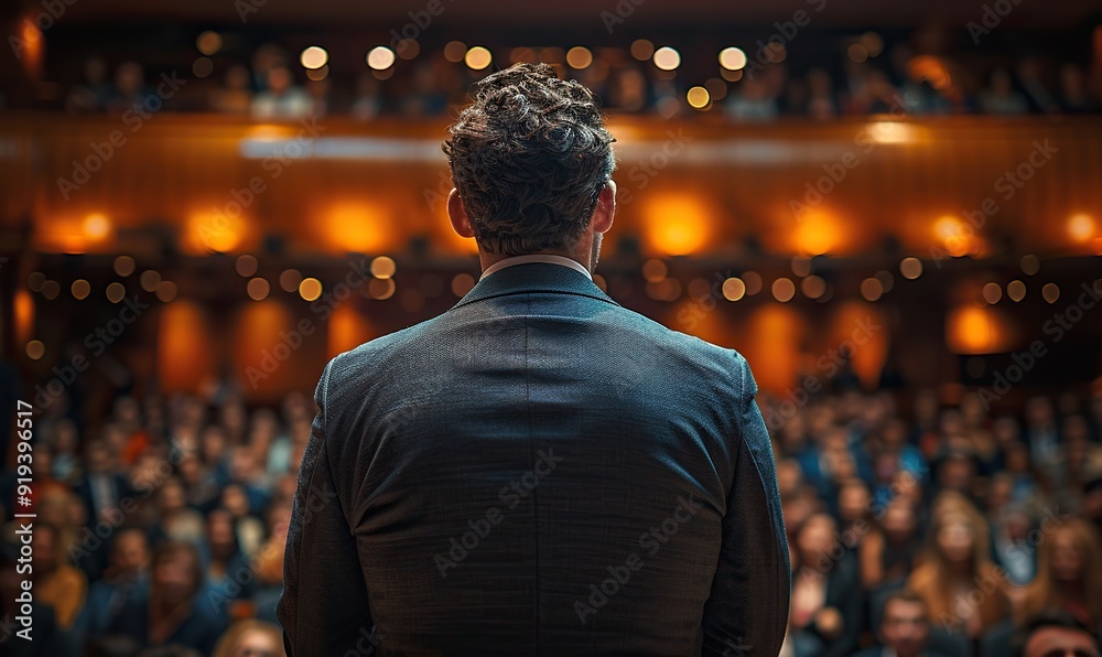 back view of man in business suit giving a speech on the stage in front of the audience. back view of man in business suit giving a speech on the stage in front of the audience.