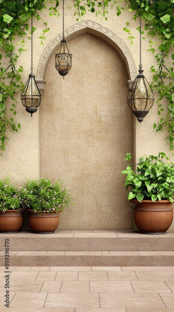 The entrance hall showcases lush plants, intricate hanging lamps, and a grand staircase leading to the restaurant area The entrance hall showcases lush plants, intricate hanging lamps, and a grand staircase leading to the restaurant area