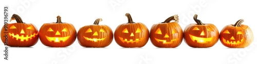 Spooky Jack-o'-Lantern Pumpkins: Row Isolated on White for Halloween Art