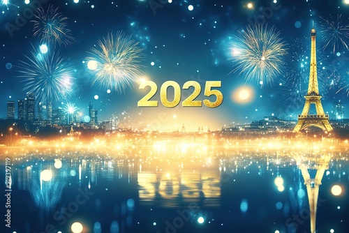 2024 and Rings, and celebratory colorful fireworks over the Eiffel Tower in Paris (2024), France
 photo