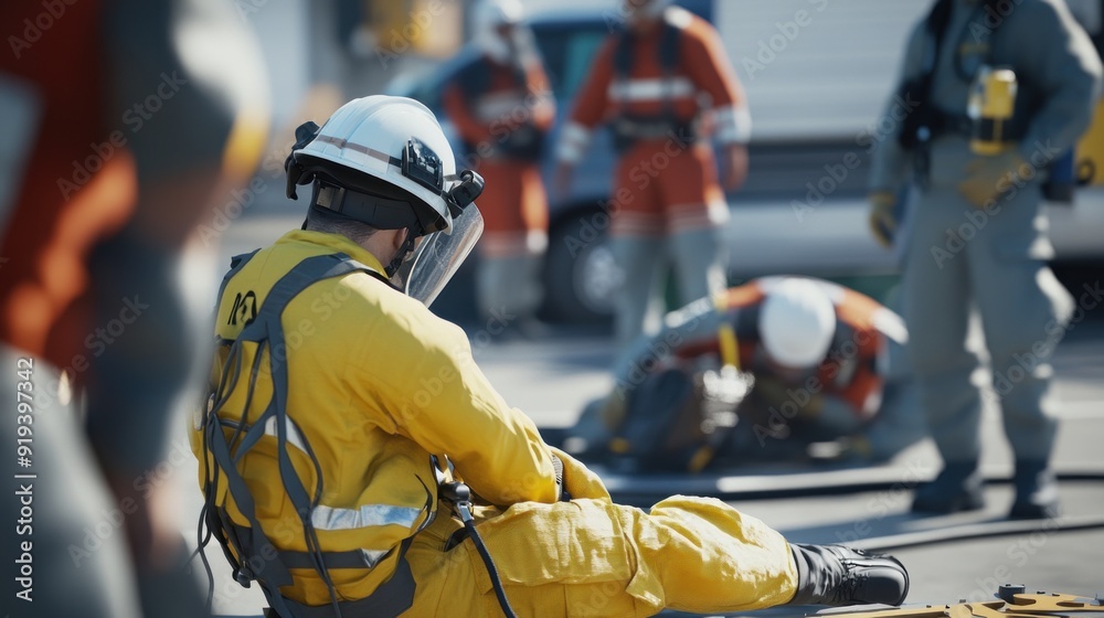 Obraz premium Generate a photo realistic image of workers participating in a safety incident simulation, with incident scenario enactment, emergency response drills, and safety training feedback visible