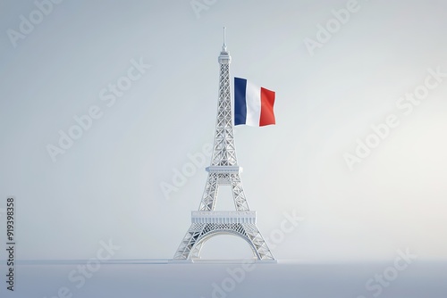 French flag in front of the Eiffel Tower in Paris France on a blue sky day.
