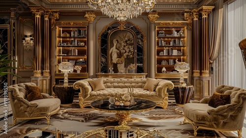 A luxurious lounge with opulent furnishings, a velvet tufted sofa, a crystal chandelier, and gold accents throughout. photo