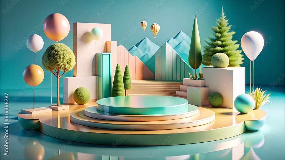 Fototapeta premium 3D Product Display stage with Minimalist Geometric Shapes and Natural Elements