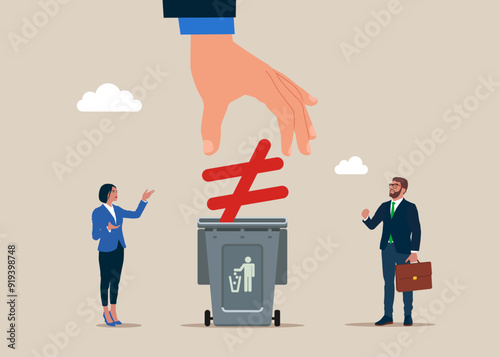 Businessman throw unfairness symbol into the waste basket. Gender pay gap, inequality between man and woman wage income, issue about gender diversification. Modern vector illustration in flat style. 