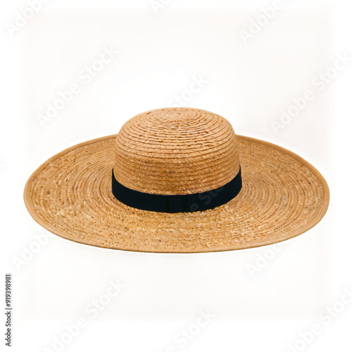 Wide-brim straw hat with black band isolated on transparent background, vector PNG photo