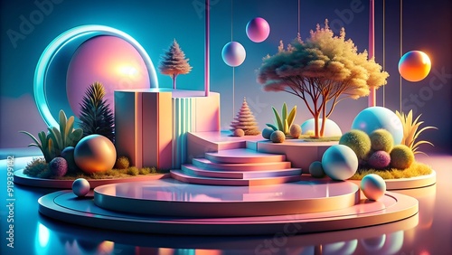 3D Product Display stage  with Minimalist Geometric Shapes and Natural Elements