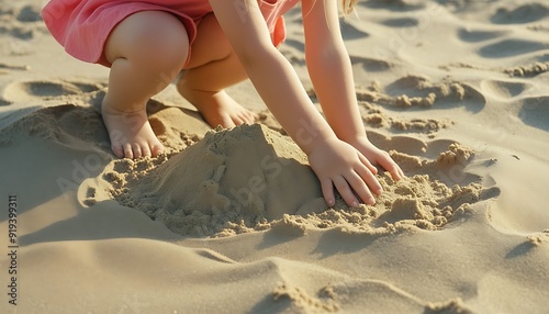 Close-Up of Girl’s Hand Playing in Sand on Seashore Ideal for Beach and Summer Fun Imagery Capturing Playful Moments by the Ocean. photo