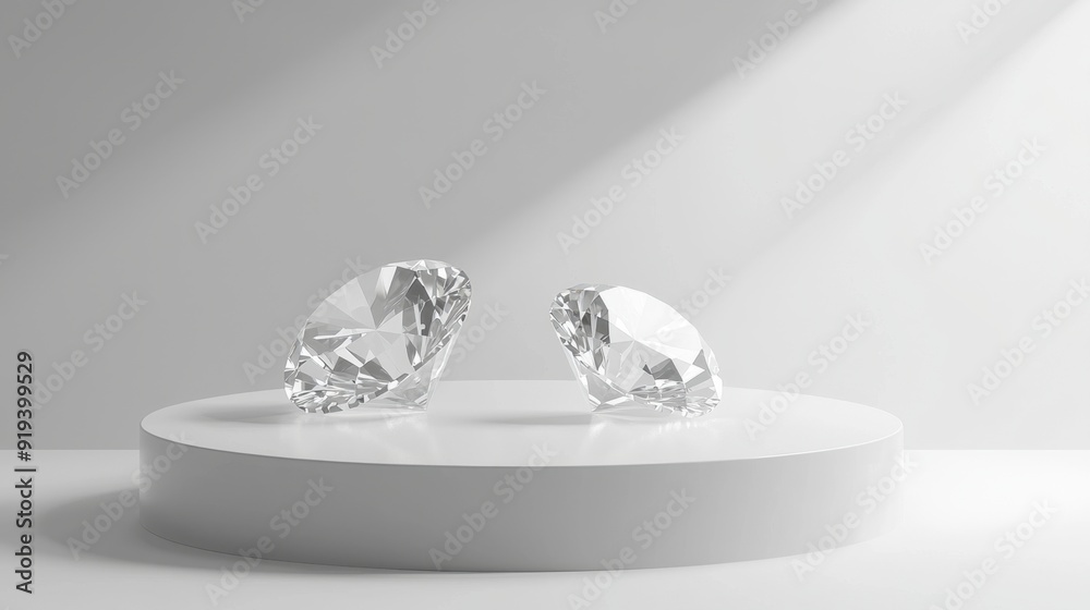 Elegant White Diamond Display, a minimalist floating scene featuring a translucent acrylic podium, showcasing jewelry in a subtle monochromatic palette with diamond accents. Elegant White Diamond Display, a minimalist floating scene featuring a translucent acrylic podium, showcasing jewelry in a subtle monochromatic palette with diamond accents.