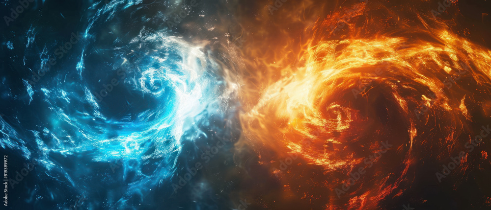 Versus background, Two swirling neon plasma beams meet at their center, releasing a chaotic yet beautiful explosion of light and color in blue and orange, contrasting sharply with Versus background, Two swirling neon plasma beams meet at their center, releasing a chaotic yet beautiful explosion of light and color in blue and orange, contrasting sharply with
