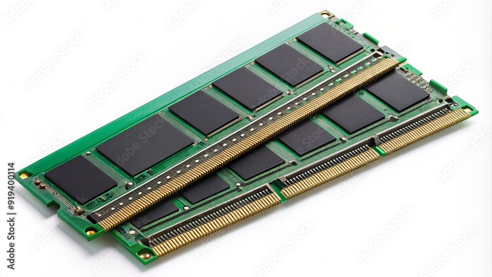 Two computer memory modules, technology, hardware, RAM, data, storage, electronic, components, circuit board Two computer memory modules, technology, hardware, RAM, data, storage, electronic, components, circuit board