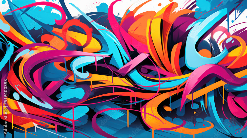 Fototapeta Vibrant graffiti art. Abstract shapes and lines in bold and vivid colors. Dynamic and energetic atmosphere. Street art culture. Urban graffiti background.