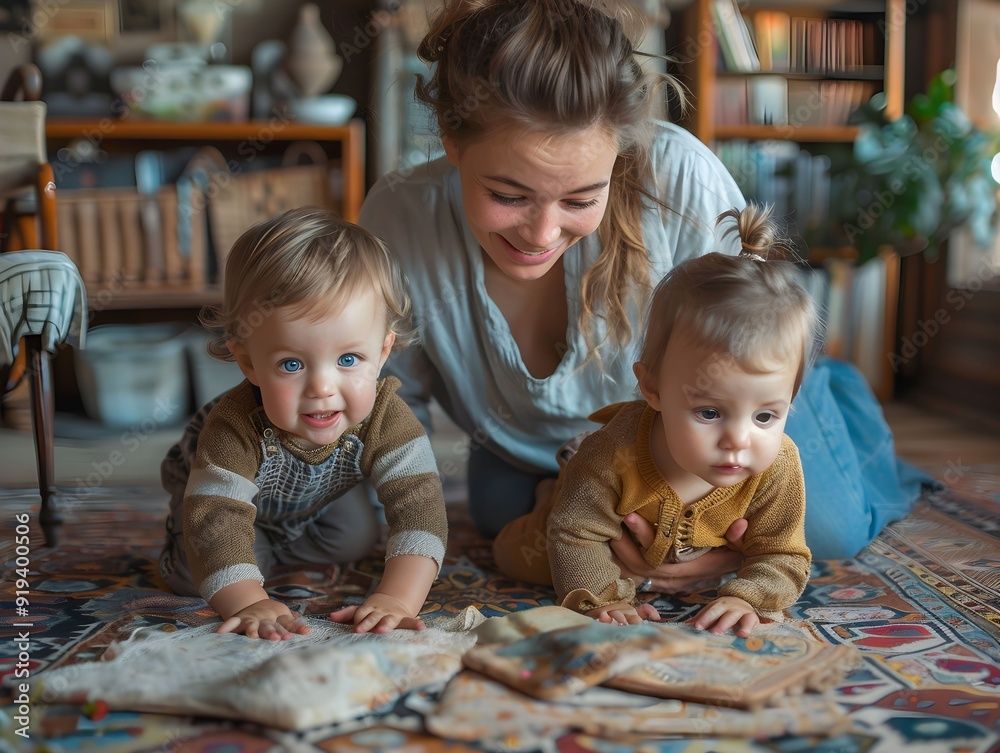A mother enjoying playtime with her two toddlers on a colorful rug in a cozy living room during the afternoon A mother enjoying playtime with her two toddlers on a colorful rug in a cozy living room during the afternoon