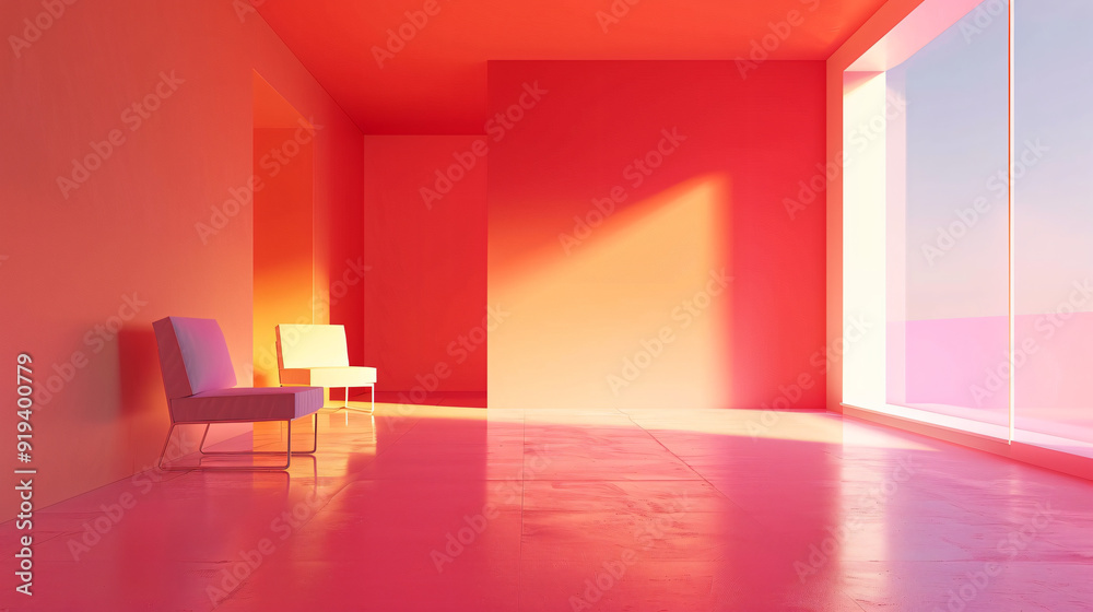 Two chairs in a minimalist interior illuminated by red light from a spacious window Two chairs in a minimalist interior illuminated by red light from a spacious window