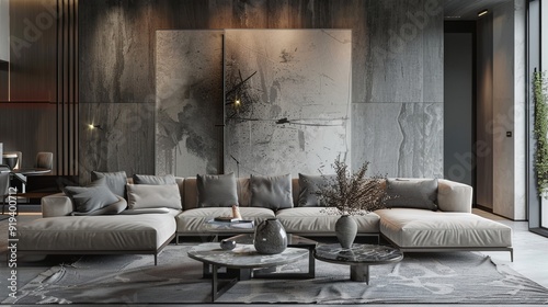 A monochromatic lounge with shades of gray, a contemporary sofa, a glass coffee table, and abstract wall art.