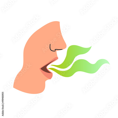 Stink from unbrushed teeth, bad smelly breath. Green smoke for unpleasant aromas photo