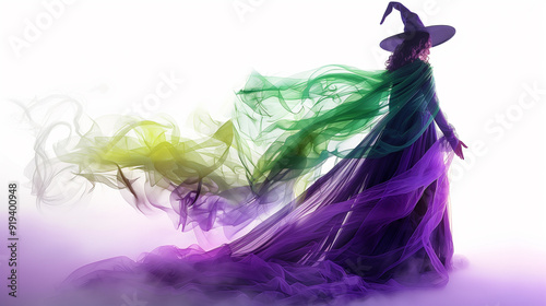 a witch on white background wearing a outfit made of purple magic smoke
