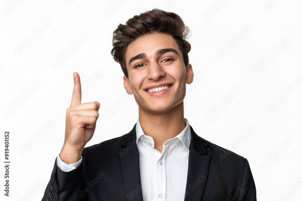 Handsome young businessman in suit and glasses, pointing to the side, looking up, white background. Handsome young businessman in suit and glasses, pointing to the side, looking up, white background.