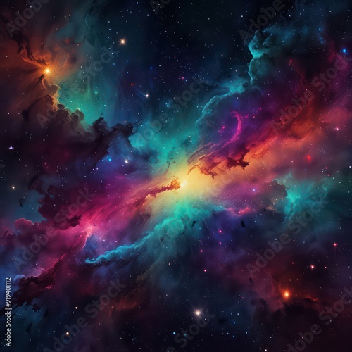 An abstract background with a cosmic theme, featuring stars, galaxies, and nebulae in vibrant colors.