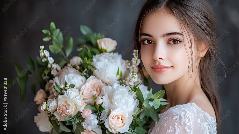 Naklejka premium A woman with long hair holds a bouquet of pastel-colored peonies and roses, looking warmly at the camera in a contemporary studio with a dark gray backdrop