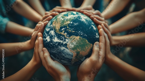 A group of diverse hands holding a globe, symbolizing global unity and environmental care. photo