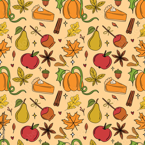 Autumn Harvest Seamless Pattern with Seasonal Fruits, Pumpkin, and Fall Leaves