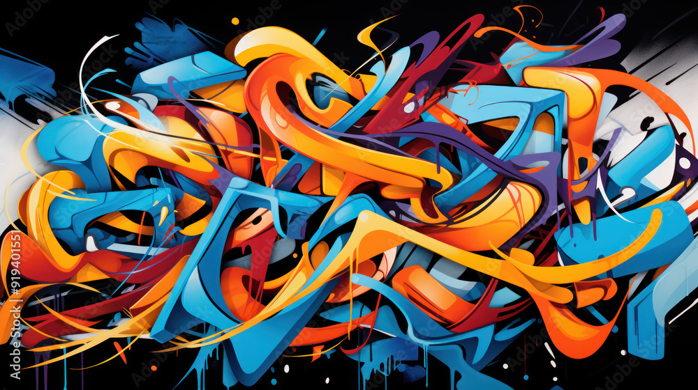 Naklejka premium Vibrant graffiti art. Abstract shapes and lines in bold and vivid colors. Dynamic and energetic atmosphere. Street art culture. Urban graffiti background.