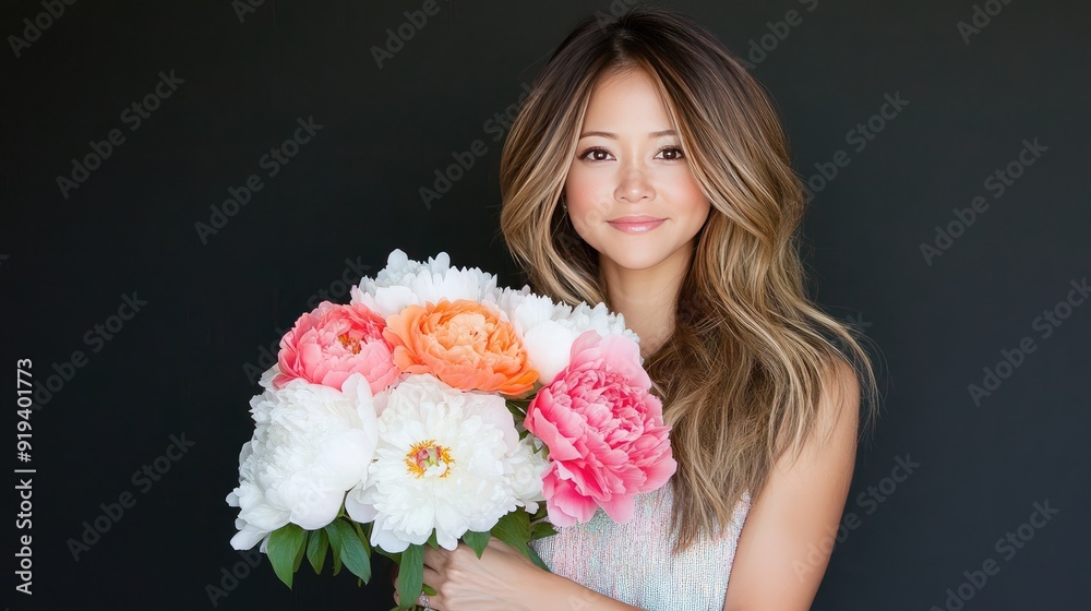 A woman with long hair holds a bouquet of pastel-colored peonies and roses, looking warmly at the camera in a contemporary studio with a dark gray backdrop A woman with long hair holds a bouquet of pastel-colored peonies and roses, looking warmly at the camera in a contemporary studio with a dark gray backdrop