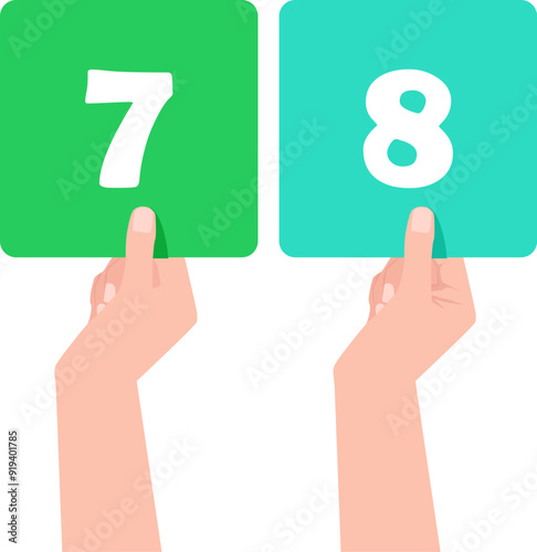 A set of numbered signs held by female hands