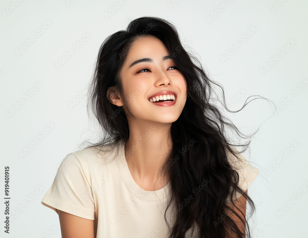 Studio shot of a beautiful Asian idol girl with a happy expression. Natural makeup on beautiful model with wide smile healthy skin side view copy space.
Studio shot of a beautiful Asian idol girl with a happy expression. Natural makeup on beautiful model with wide smile healthy skin side view copy space.