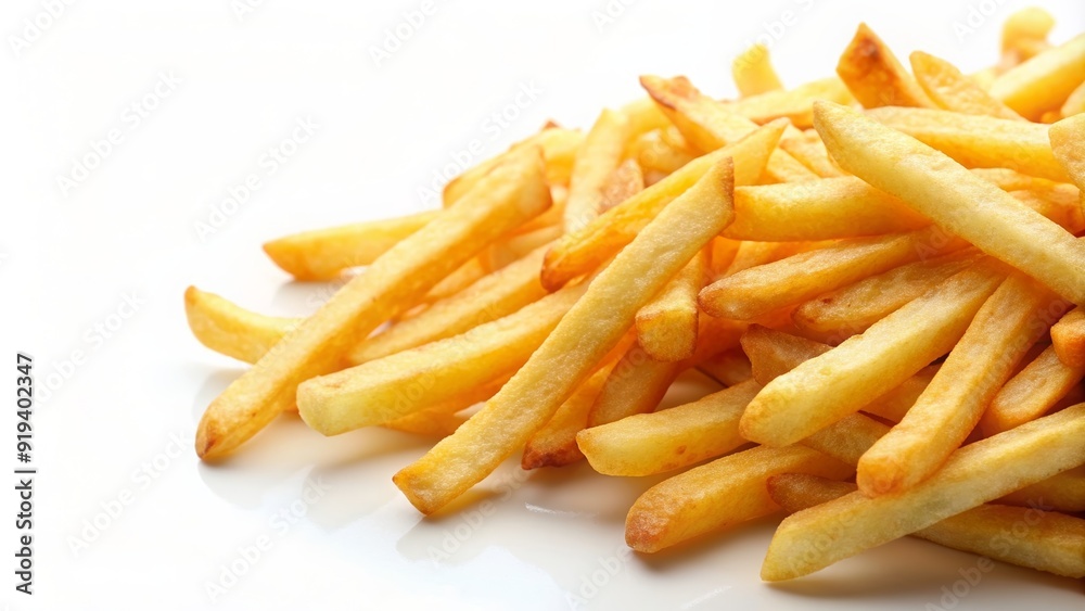 Close-up of french fries on white background, pommes, close-up, food, snack, crispy, delicious, fast food, deep fried Close-up of french fries on white background, pommes, close-up, food, snack, crispy, delicious, fast food, deep fried