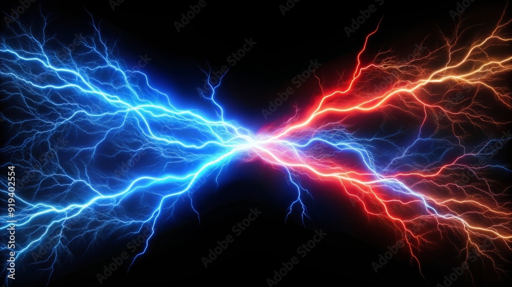 Clashing Lightning Bolts, Blue and Red Energy. Clashing Lightning Bolts, Blue and Red Energy.
